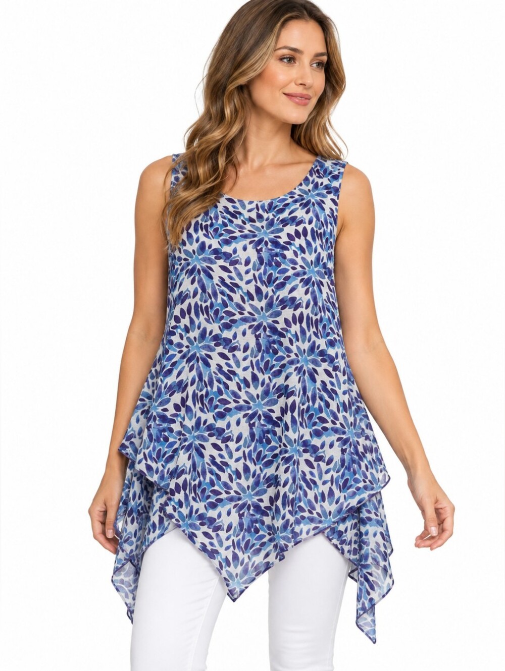 Creation Blue Purple Floral Sharkbite Handkerchief Tunic Top Size L